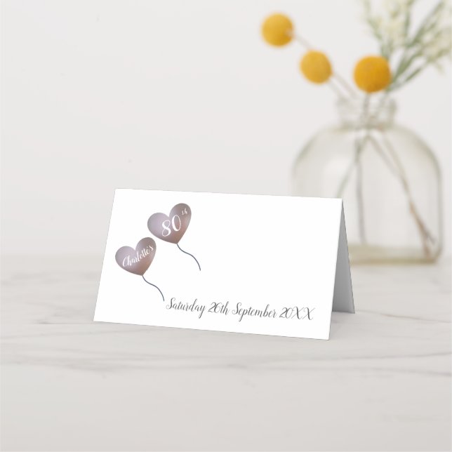80th birthday pink heart balloon place card (Front)
