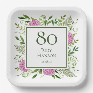 80th Birthday Pink Hydrangeas Paper Plate