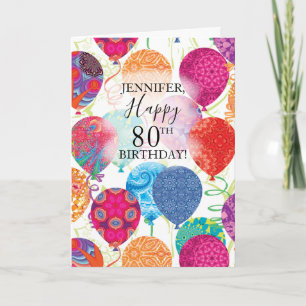 80th Birthday Pink Orange Turquoise Balloons Card