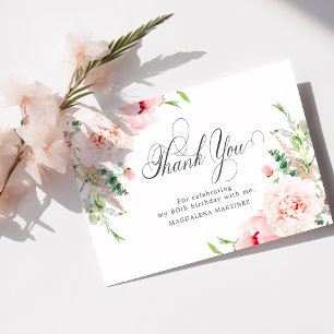 80th Birthday Pink Peony Floral Flat Thank You Card