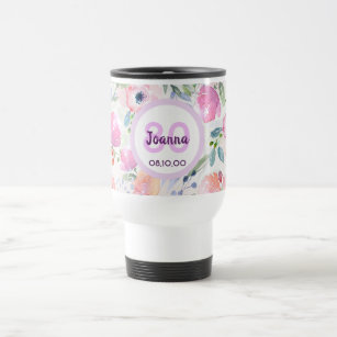 80th birthday pink pirple florals name travel mug