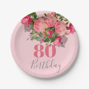 80th Birthday Pink Rose Elegant Eightieth Paper Plate