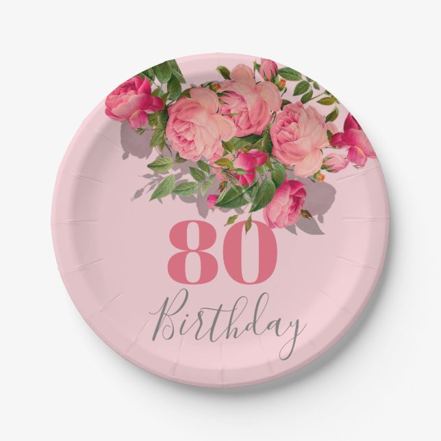 80th Birthday  Pink Rose Elegant Eightieth Paper Plate (Front)