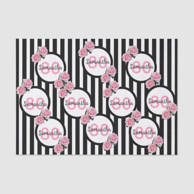 80th birthday pink roses black white stripes tissue paper (Front)