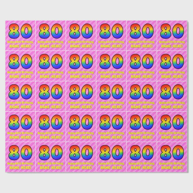 80th Birthday: Pink Stripes & Hearts, Rainbow # 80 Wrapping Paper (Flat)