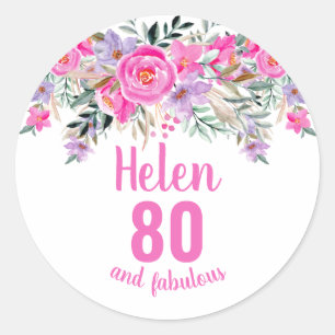 80th birthday pink watercolor floral classic round sticker