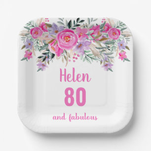 80th birthday pink watercolor floral paper plate