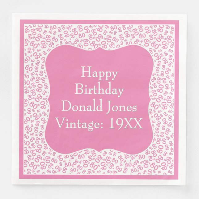 80th Birthday Pink/White Bracket Number Pattern Napkin (Front)