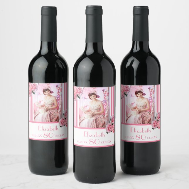 80th birthday pink white stripes floral photo name wine label (Bottles)