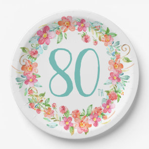 80th birthday pretty watercolor floral party paper plate