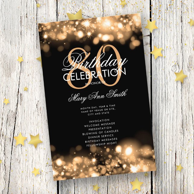 80th Birthday Program Glam Lights Gold Menu  (Creator Uploaded)