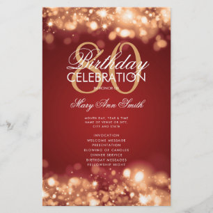 80th Birthday Program Glam Lights Gold Red Menu 