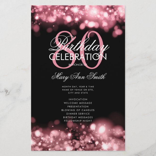 80th Birthday Program Glam Lights Rose Gold Menu  (Front)
