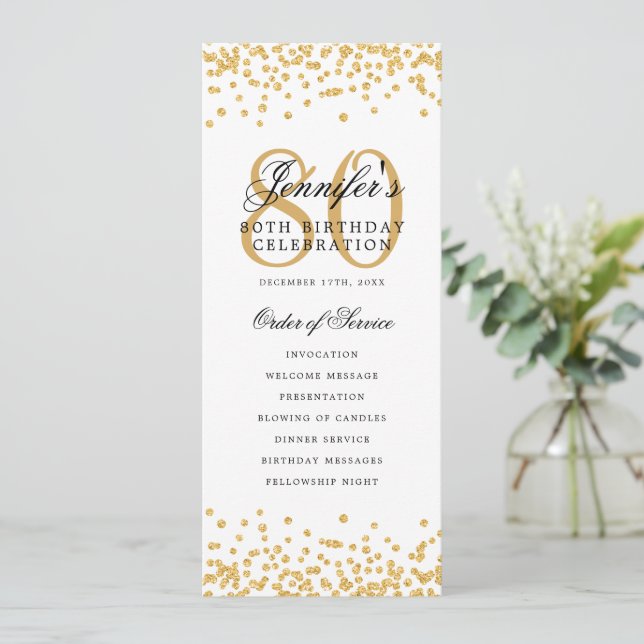 80th Birthday Program Gold Confetti Menu  (Standing Front)