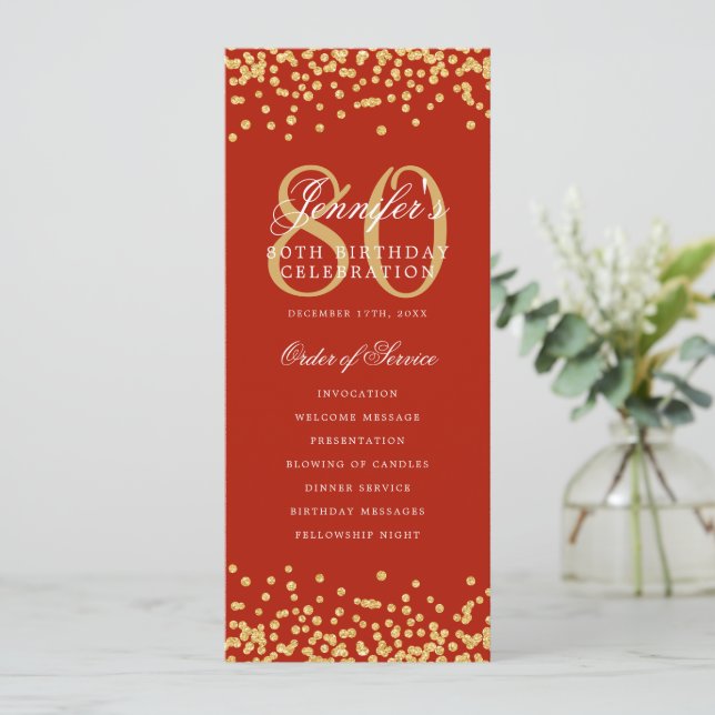 80th Birthday Program Gold Confetti Menu Red  (Standing Front)
