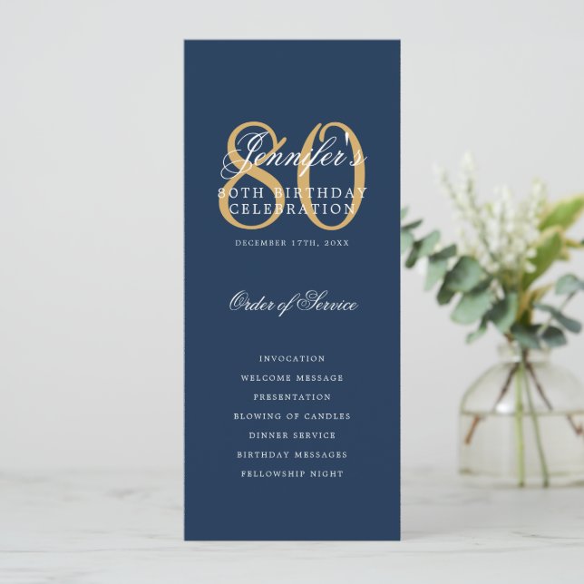 80th Birthday Program Gold Navy Thank You (Standing Front)