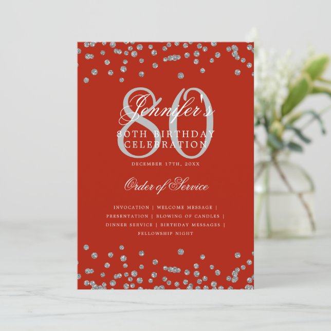 80th Birthday Program Menu Silver Red  (Standing Front)