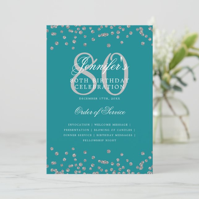 80th Birthday Program Menu Silver Turquoise (Standing Front)