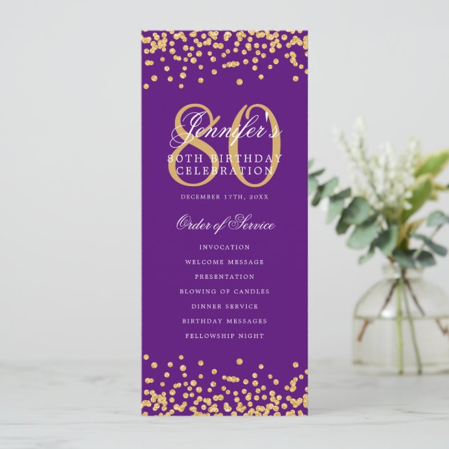 80th Birthday Program Menu Thanks Gold Purple  (Standing Front)