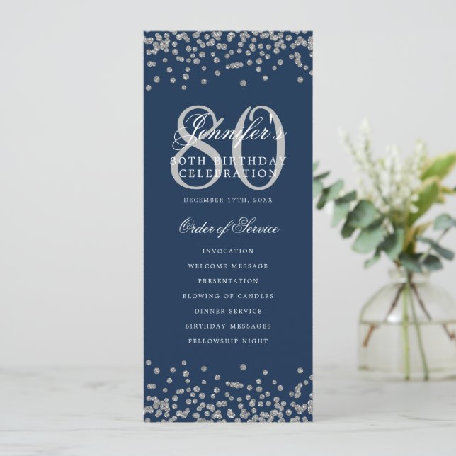 80th Birthday Program Menu Thanks Silver Navy Blue (Standing Front)
