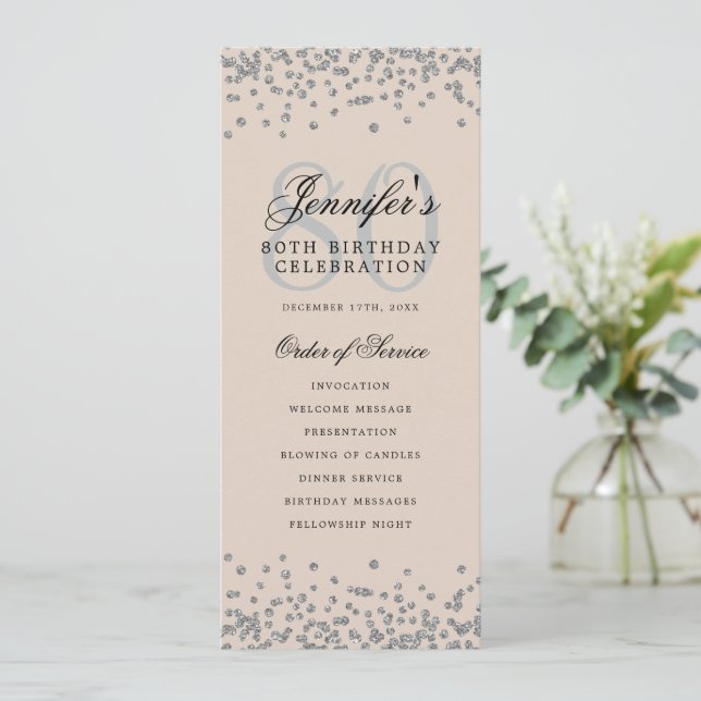 80th Birthday Program Silver Confetti Beige  (Standing Front)