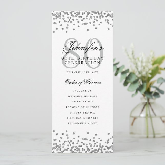 80th Birthday Program Silver Confetti Menu  (Standing Front)