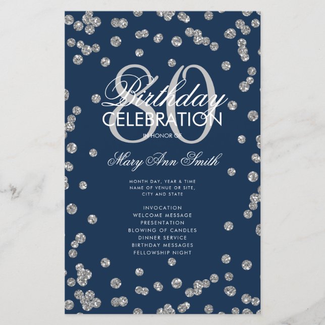 80th Birthday Program Silver Navy Glitter Menu (Front)