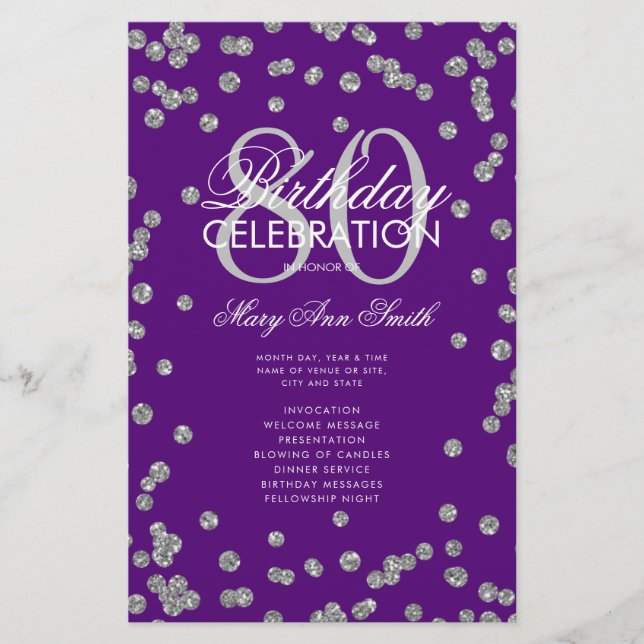 80th Birthday Program Silver Purple Glitter Menu (Front)