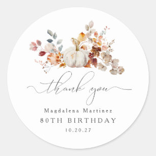 80th Birthday Pumpkin Fall Flower Thank You Classic Round Sticker