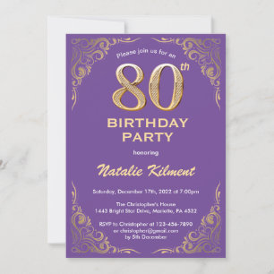 80th Birthday Purple and Gold Glitter Frame Invitation