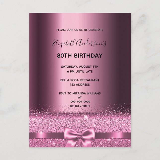 80th birthday purple burgundy invitation postcard (Front)