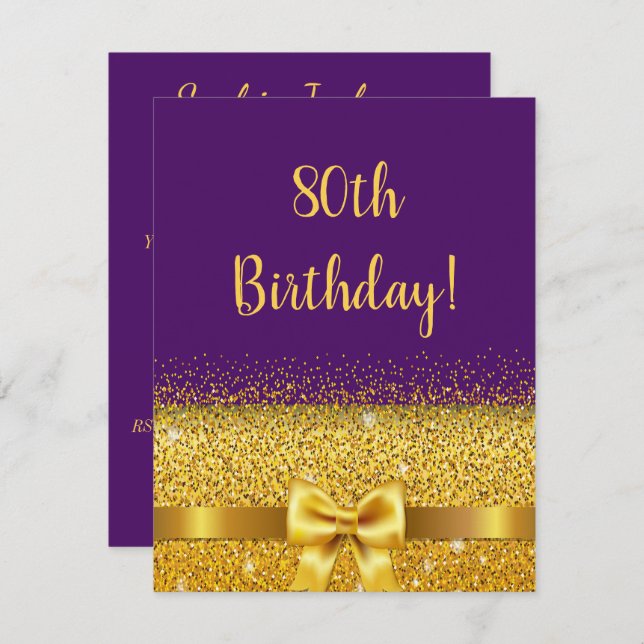 80th birthday purple gold bow elegant invitation (Front/Back)