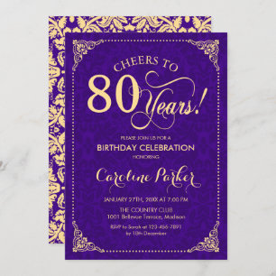 80th Birthday - Purple Gold Damask Invitation