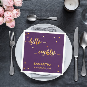 80th birthday purple gold hello 80 name script napkin