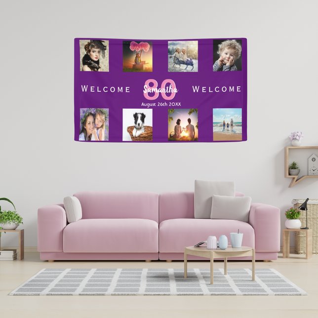 80th birthday purple photo collage party banner (Creator Uploaded)