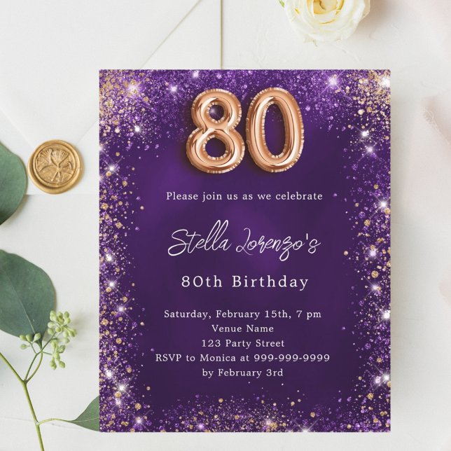 80th Birthday purple rose gold invitation (Creator Uploaded)