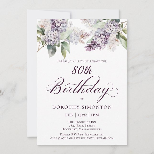 80th Birthday Purple Spring Lilac Flower Invitation (Front)