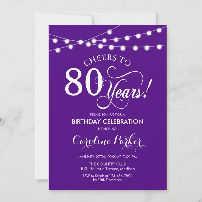 80th Birthday - Purple White Invitation (Front)