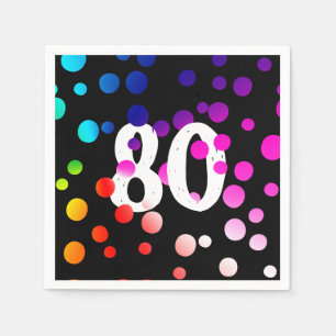 80th Birthday Rainbow Dots on Black  Napkin