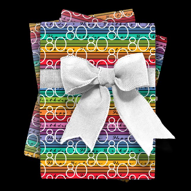 80th Birthday Rainbow Stripes Wrapping Paper Sheet (Creator Uploaded)