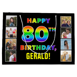 80th Birthday: Rainbow Text, Custom Photos & Name Large Gift Bag