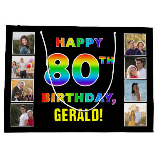 80th Birthday: Rainbow Text, Custom Photos & Name Large Gift Bag