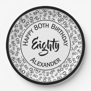 80th Birthday Random Number Pattern Black/White Paper Plate