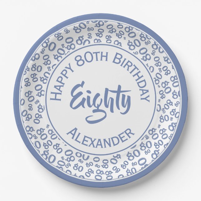 80th Birthday Random Number Pattern Blue/White Paper Plate (Front)