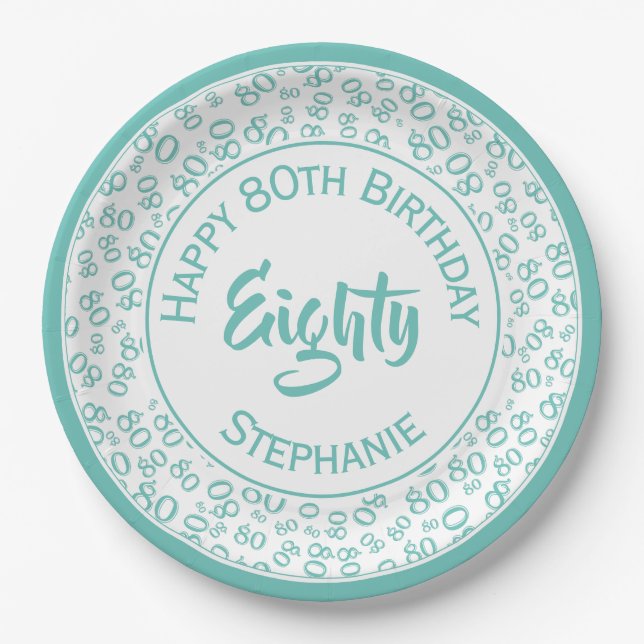 80th Birthday Random Number Pattern Teal/White Paper Plate (Front)