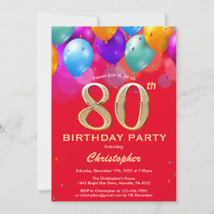 80th Birthday Red and Gold Colourful Balloons Invitation
