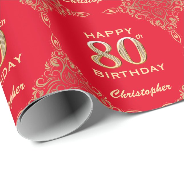 80th Birthday Red and Gold Glitter Frame Wrapping Paper (Roll Corner)