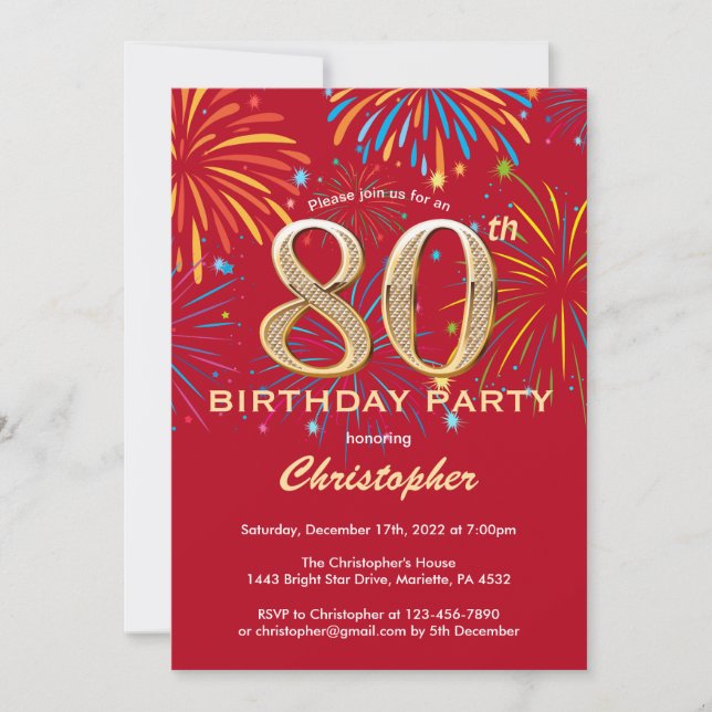 80th Birthday Red and Gold Rainbow Fireworks Invitation (Front)