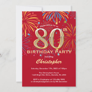 80th Birthday Red and Gold Rainbow Fireworks Invitation