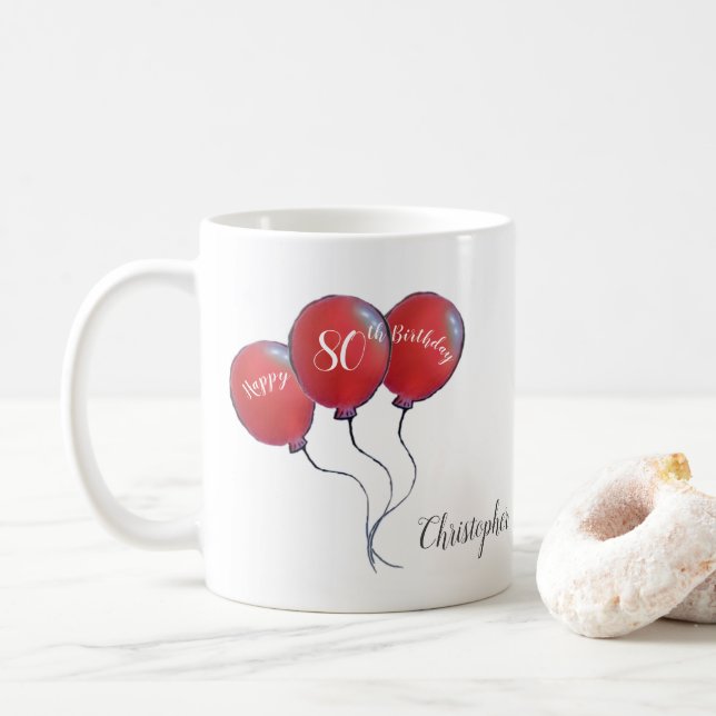 80th birthday red balloon gift coffee mug (With Donut)